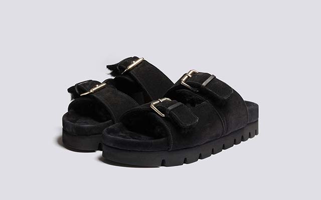 Grenson Flora Womens Sandals in Black Suede/Shearling GRS212556